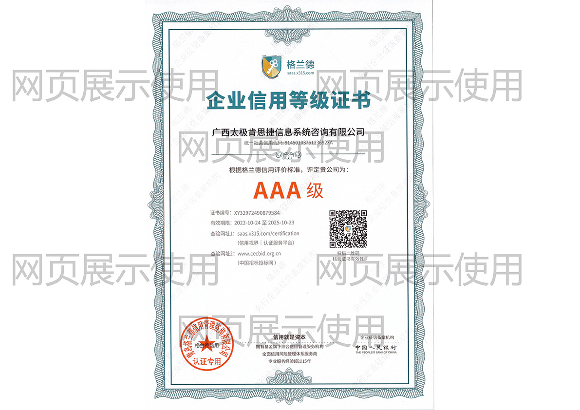 AAA企業信用等級證書